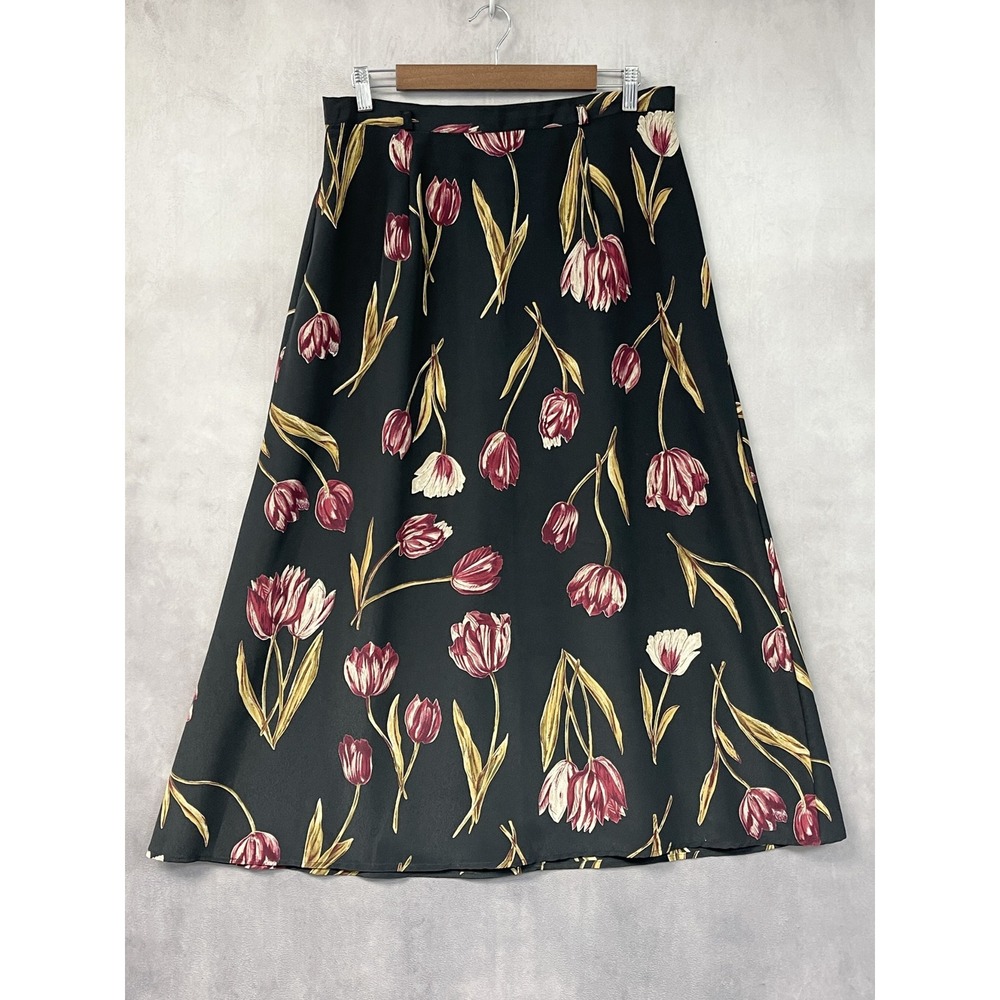 Tulip Floral Midi Skirt Size 14 Womens Belted A Line Made USA Cottage Romantic